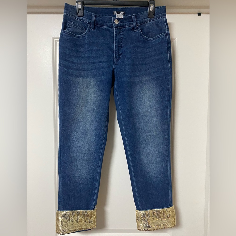Venus Womens Size 6 Cropped Ankle Jeans Gold Embellished Cuff